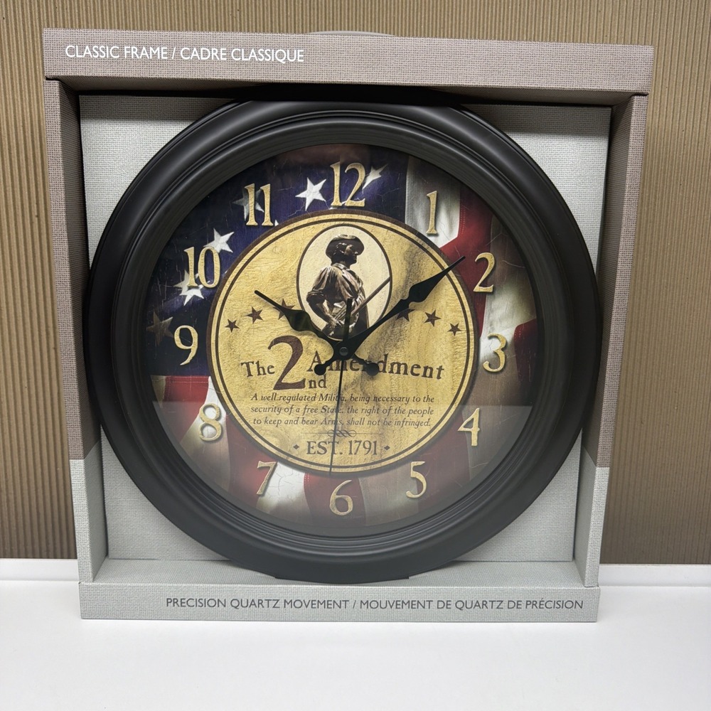 2nd Amendment American Flag 16" Art Wall Clock Cabin Decor Patriotic Black Frame